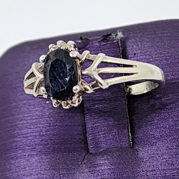 Vintage Oval Dark Bllue Solitaire Prong Set Sterling Silver Ring SZ 8 - Picture 4 of 9